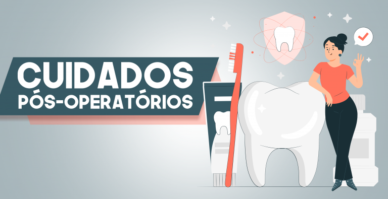 texto da capa "cuidados pós-operatórios", uma mulher e um dente grande em formato de desenho